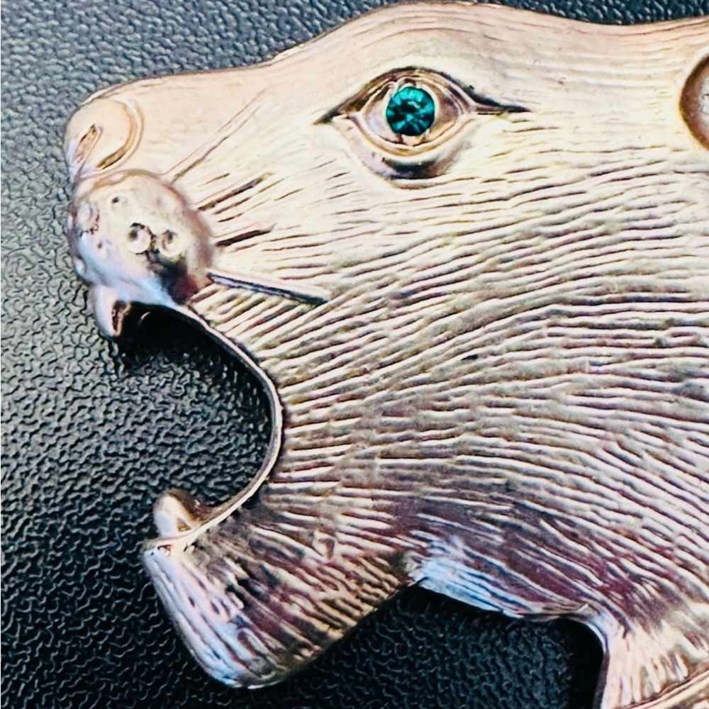 VTG Green Eyed Panther Head Brooch Gold Tone Wild Cat Pin with Rhinestones - Picture 2 of 7